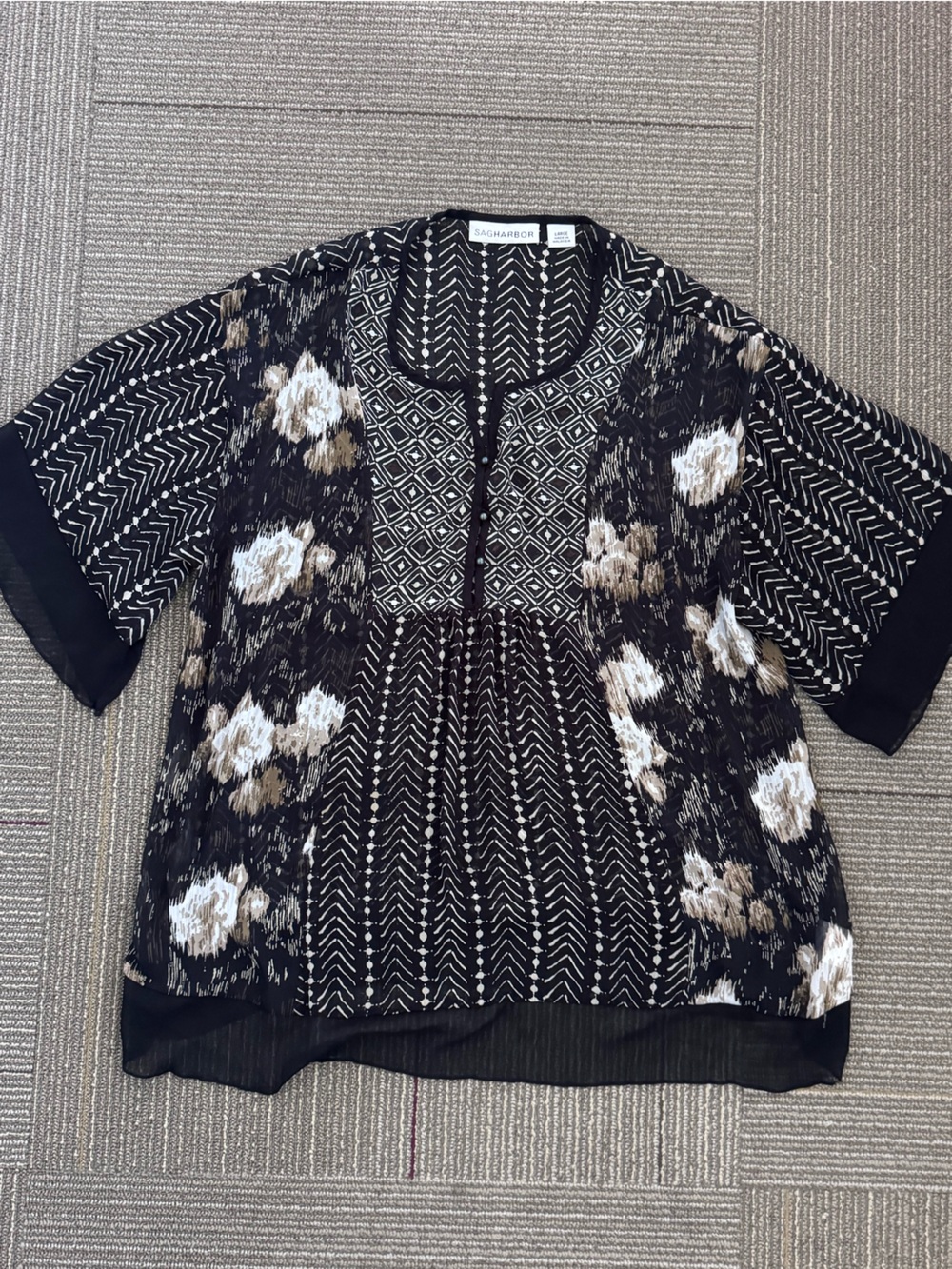 Sag Harbor Sheer Mixed Print Kimono Blouse Top Large